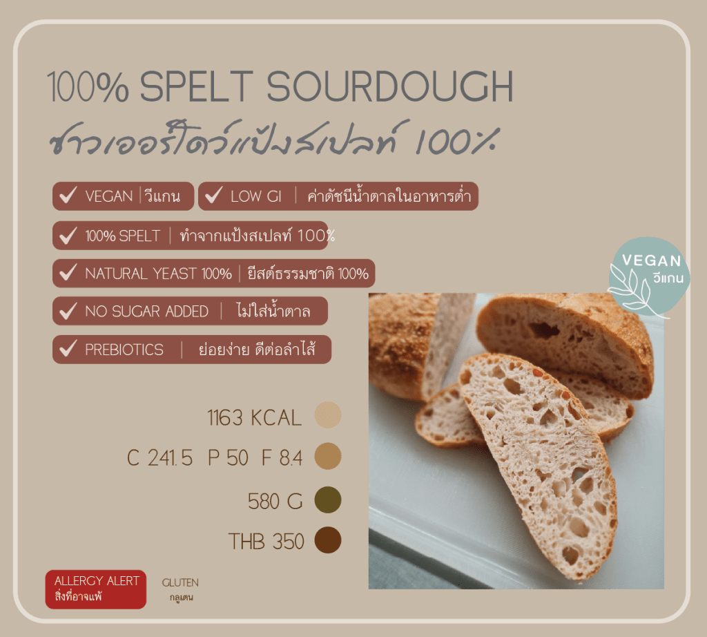 100% Vegan Spelt Sourdough ขนมปังยีสต์ธรรมชาติทำจากแป้งสเปลท์ 100% วีแกน เจ กินได้ ไม่ใส่น้ำตาล ย่อยง่าย ท้องไม่อืด เหมาะเป็นมื้อเช้า มื้อสุขภาพ healthy brunch