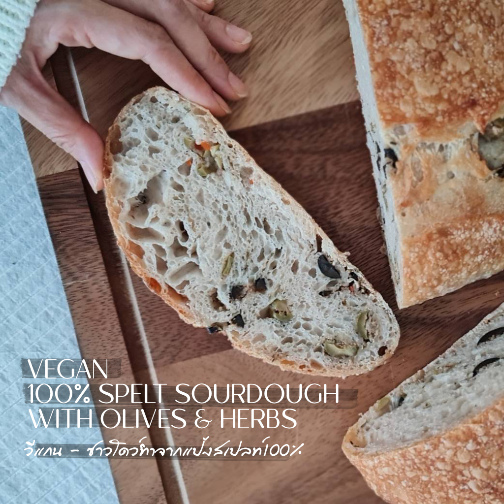 100% Olives and Herbs Spelt Sourdough ซาวโดว์แป้งสเปลท์ 100% เพิ่มมะกอกและสมุนไพร ย่อยง่าย ดีต่อลำไส้ ท้องไม่อืด มีพรีไบโอติกสูง ซาวโดว์แป้งสเปลท์ 100% (โฟคัชช่า) Vegan - 100% Spelt Sourdough แป้งสเปลท์ถือเป็นตัวเลือกที่ดีกว่าสำหรับคนที่ไวต่อกลูเตนหรือมีอาการแพ้แป้งสาลีแบบไม่รุนแรง ย่อยง่ายกว่า มีโครงสร้างกลูเตนที่แตกต่าง และย่อยง่ายกว่าแป้งสาลีทั่วไป